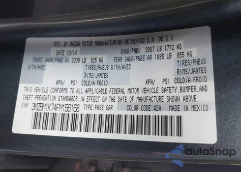2015 Mazda Mazda3 I Sport from USA, damaged, VIN 3MZBM1K74FM156168